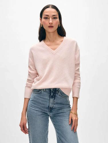 White + Warren Cashmere V Neck - Pink Sand, Soft Blue