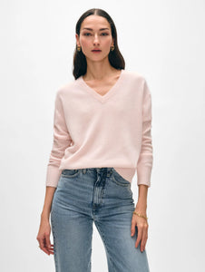 White + Warren Cashmere V Neck - Pink Sand, Soft Blue