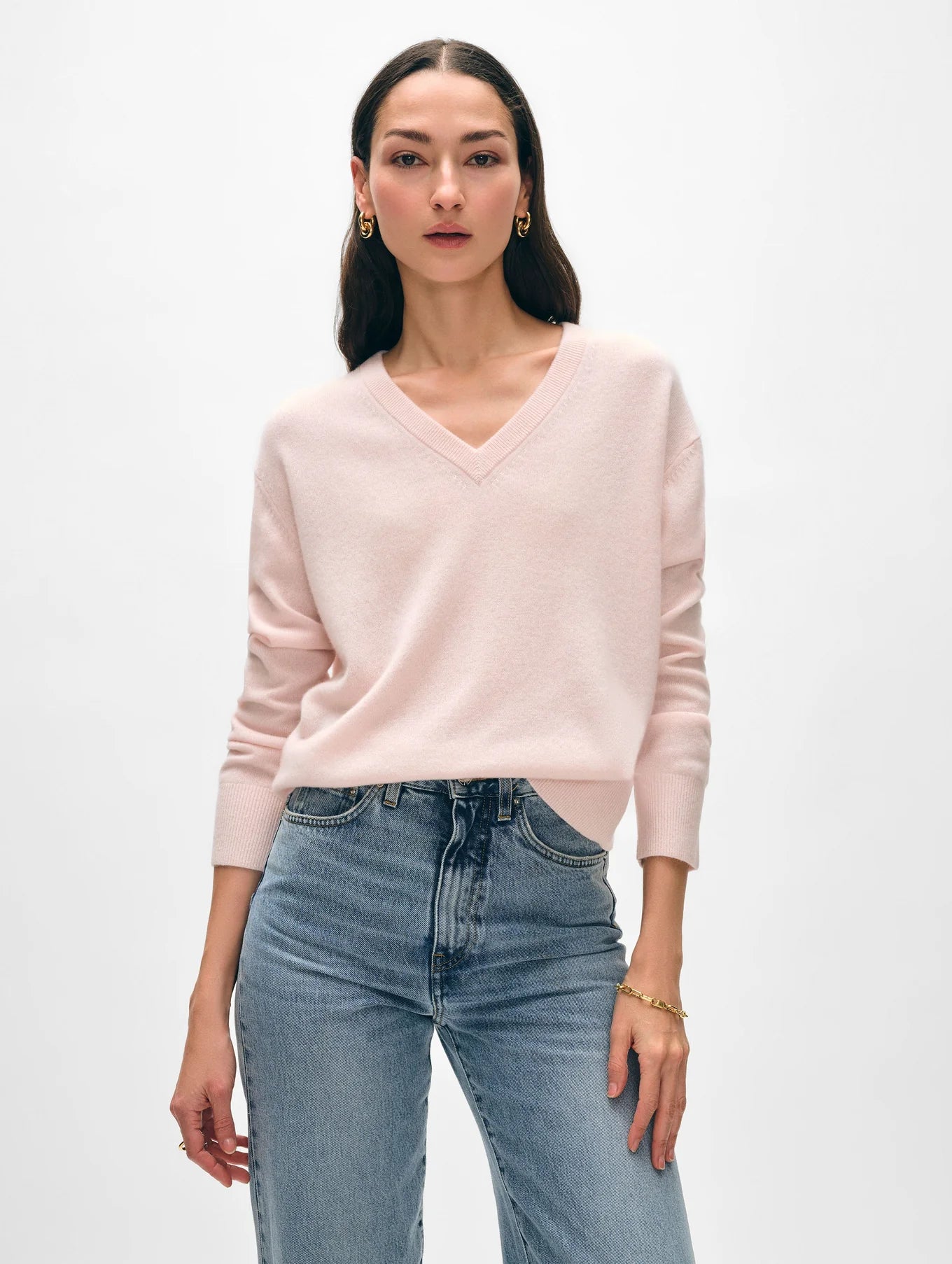 White + Warren Cashmere V Neck - Pink Sand, Soft Blue