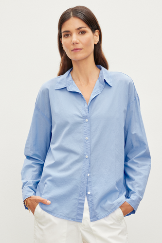 Velvet Devy Blouse in White and Wave Blue