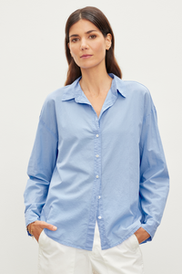 Velvet Devy Blouse in White and Wave Blue