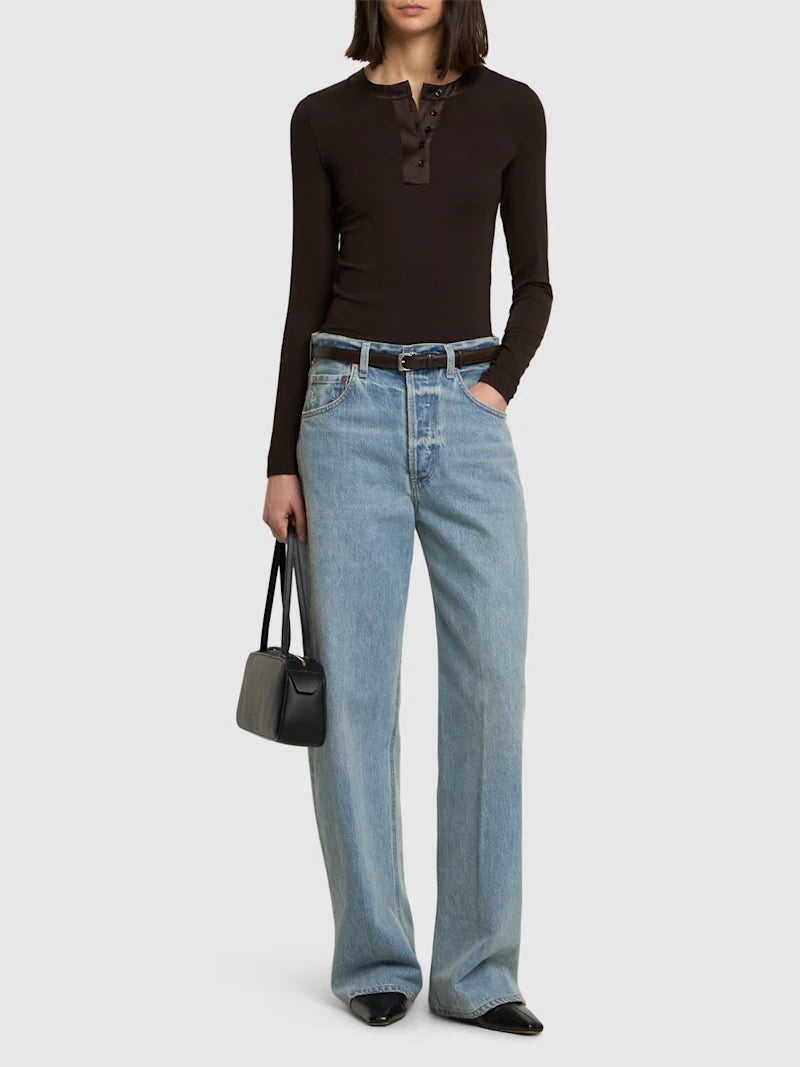Frame The Satin Trim Henley - Espresso