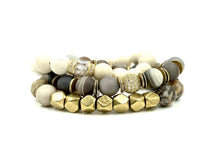 Load image into Gallery viewer, Eye Candy Botswana agate matte gold disk and pave ball beaded bracelet