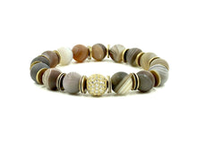 Load image into Gallery viewer, Eye Candy Botswana agate matte gold disk and pave ball beaded bracelet