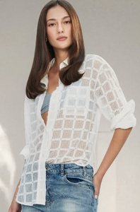 THEO The Label Atropos Windowpane Lace Banker Shirt - Ivory