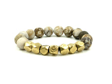 Load image into Gallery viewer, Eye Candy Botswana agate matte gold disk and pave ball beaded bracelet