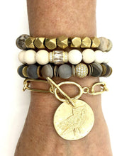 Load image into Gallery viewer, Eye Candy Botswana agate matte gold disk and pave ball beaded bracelet