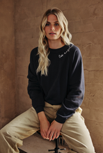 Load image into Gallery viewer, Embroidered Neckline Crewneck Sweatshirt Cropped Womens: Black, Small