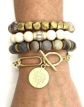 Load image into Gallery viewer, Eye Candy Botswana agate matte gold disk and pave ball beaded bracelet