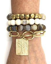 Load image into Gallery viewer, Eye Candy Botswana agate matte gold disk and pave ball beaded bracelet