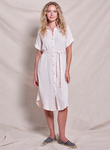 Sundry Gauze Roll Sleeve Shirt Dress - Oyster
